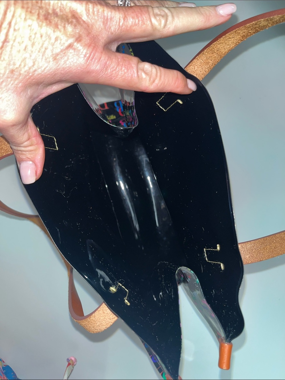 Dooney & Bourke Black Patent Tote with Multicolor DB Logo and Tan Straps - Picture 6 of 10